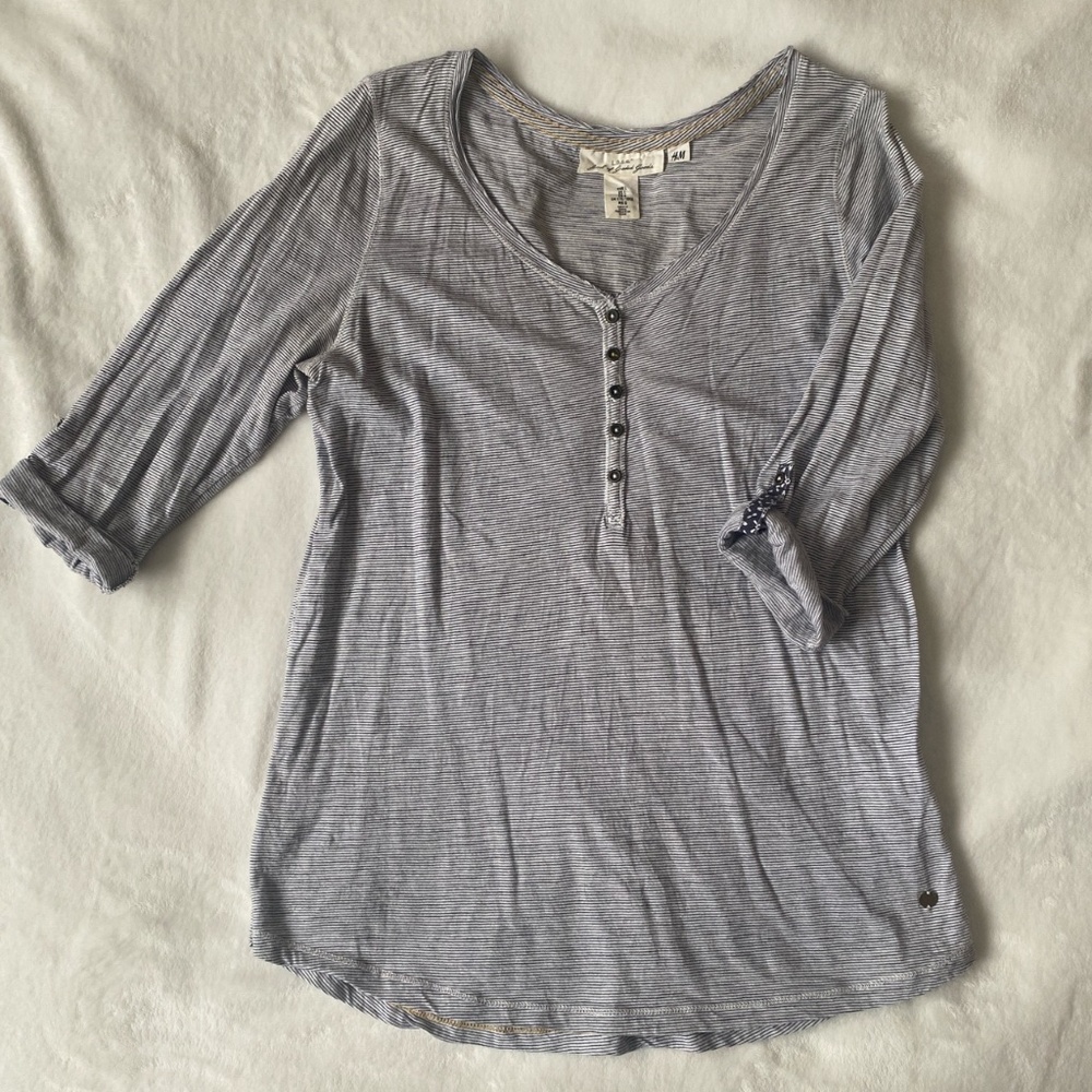 H&M Grey Striped 3/4 Length Henley